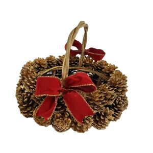 Christmas Gold Woven Basket Acorn Trim Treats Xmas Decor Red Bows QUALITY